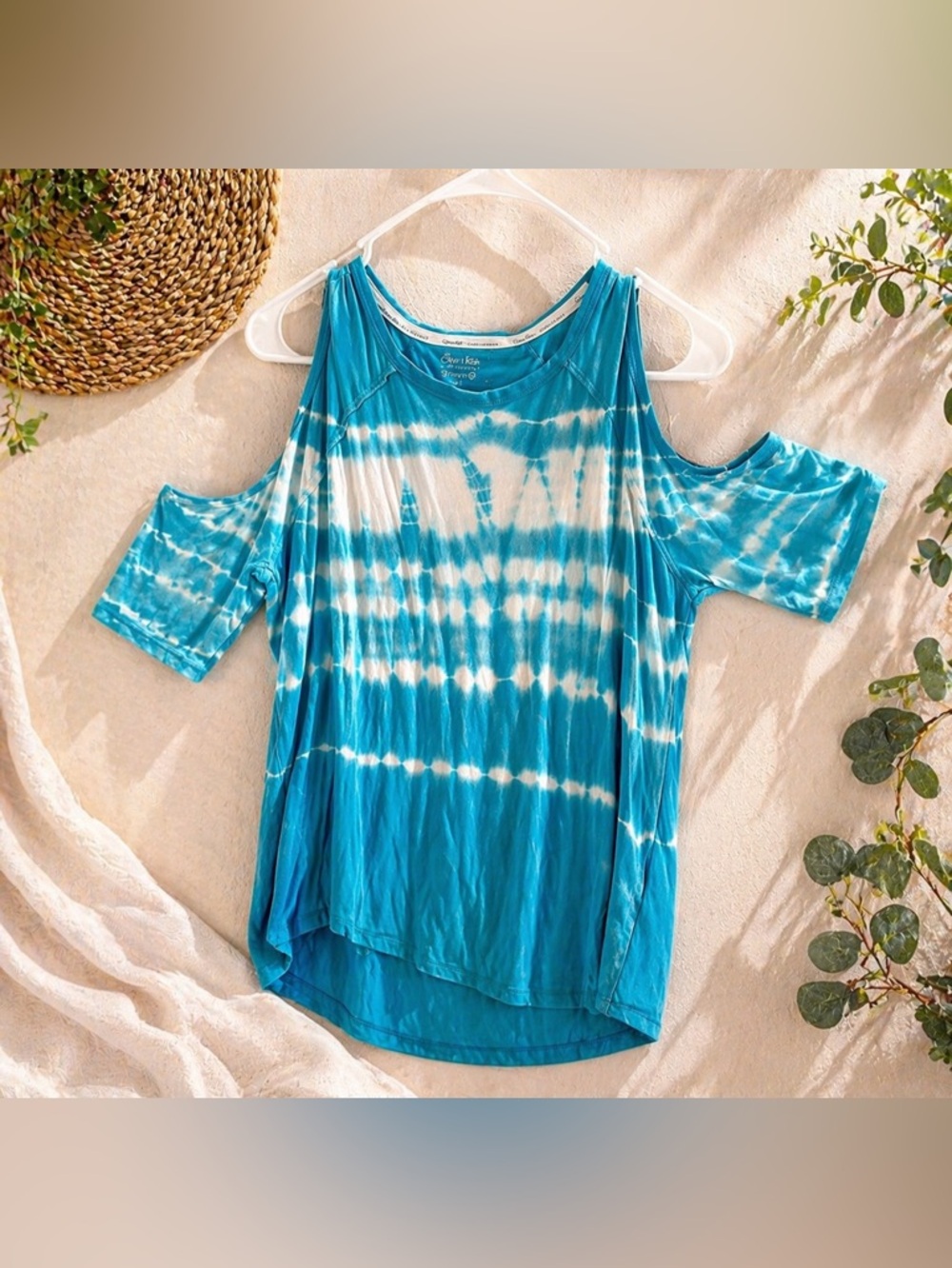 Calvin Klein Turquoise Blue Tie-Dye Cold-Shoulder Tee🩵